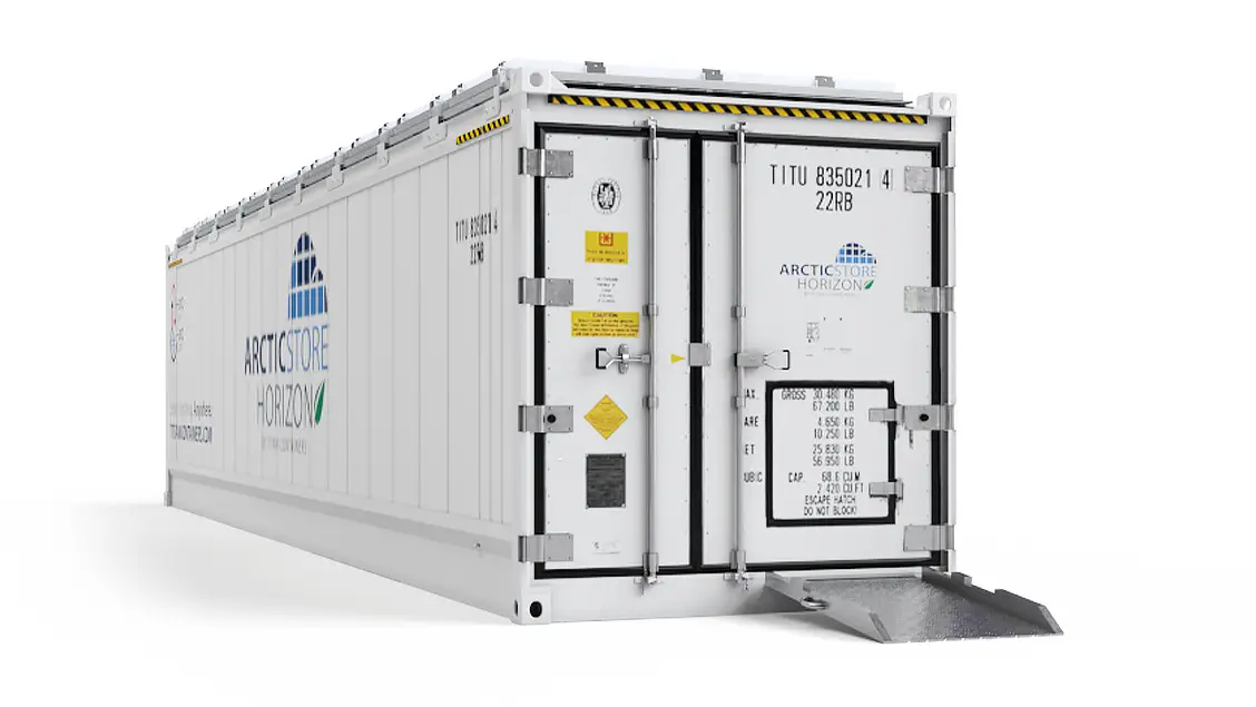 40ft ArcticStore Horizon Vista frontal com Painéis Solares
