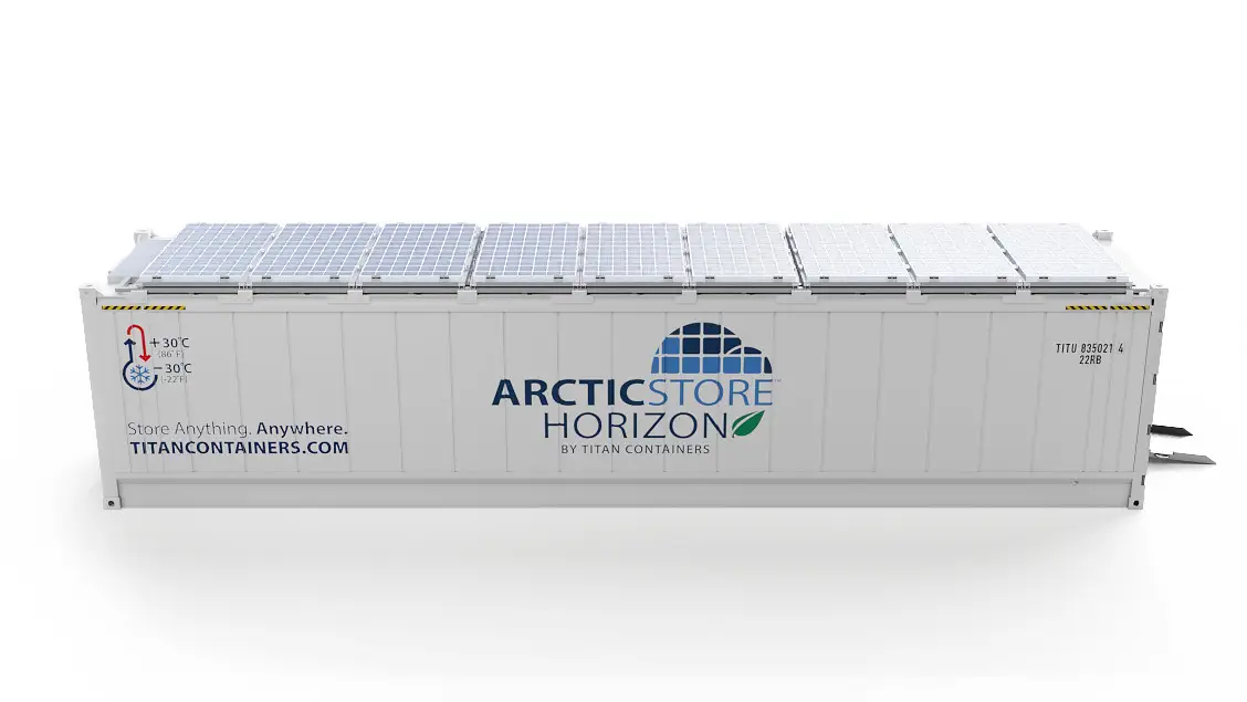 40ft ArcticStore Horizon com Painéis Solares Vista lateral