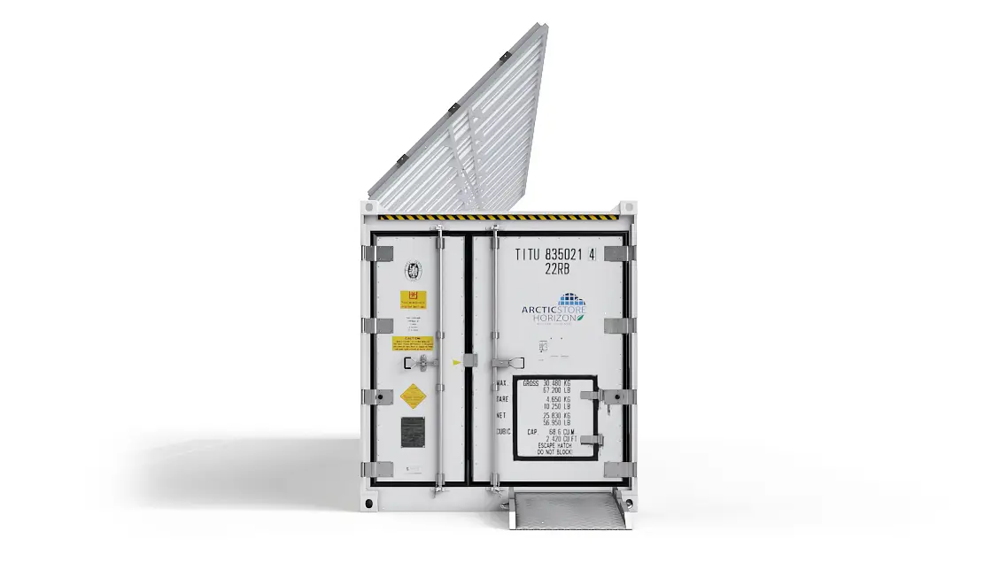 40ft ArcticStore Horizon parte dianteira com Painéis Solares 45 graus