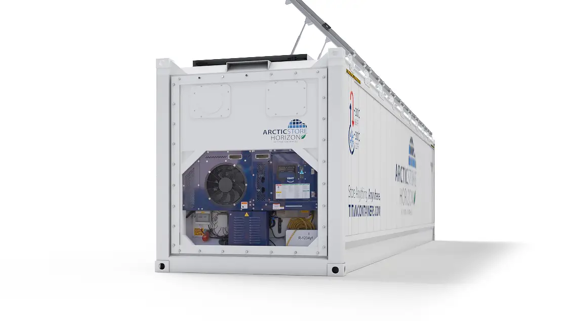 40ft ArcticStore Horizon parte traseira com Painéis Solares 45 graus
