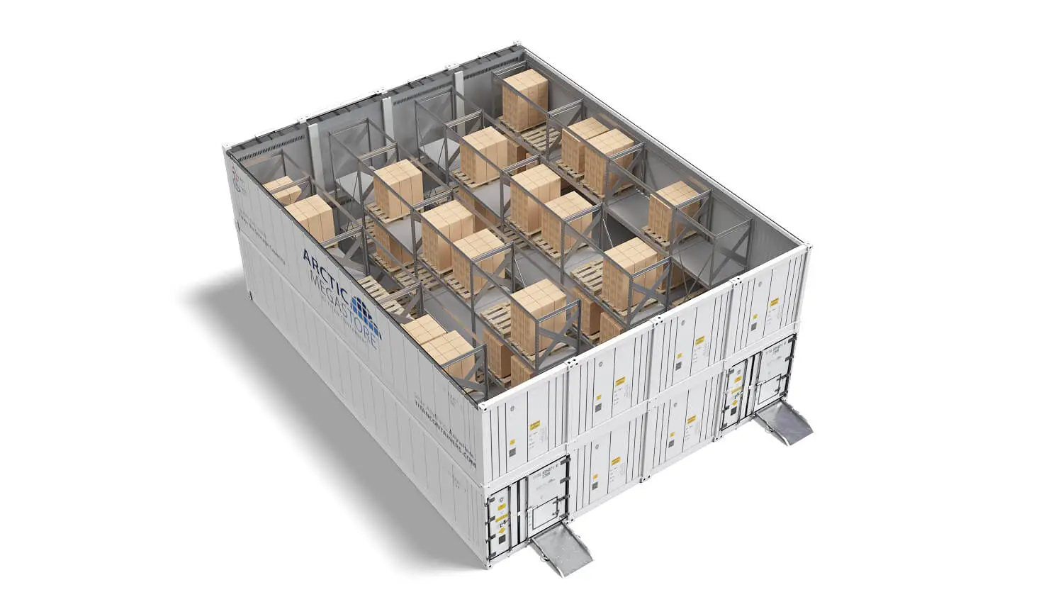 Vista interna do contêiner de armazenamento com temperatura controlada Arctic MegaStore, com paredes e piso isolados.