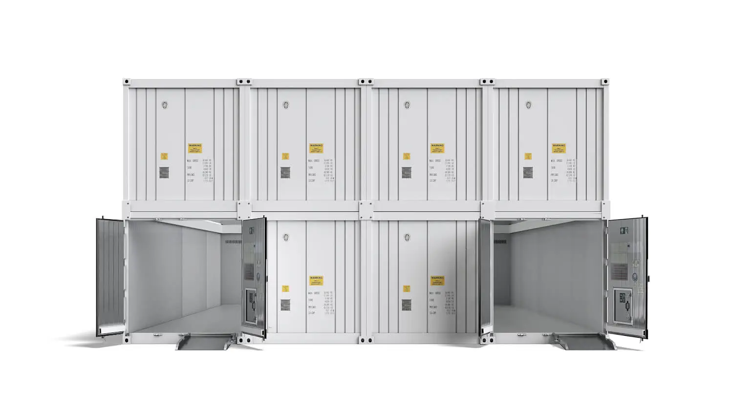 Contêineres modulares de armazenamento refrigerado Arctic MegaStore mostrados em configuração empilhada com acesso por rampa.