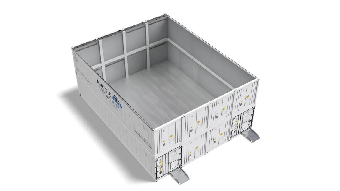 Vista interna do contêiner de armazenamento com temperatura controlada Arctic MegaStore, com paredes e piso isolados.